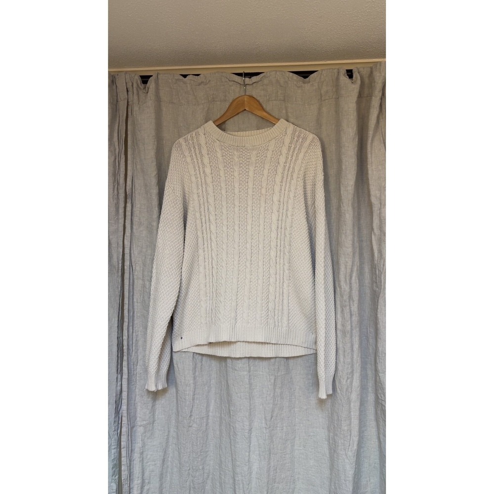 Vintage Aran Cable Knit Sweater USA Made Cotton Cream Fisherman Style Size L XL